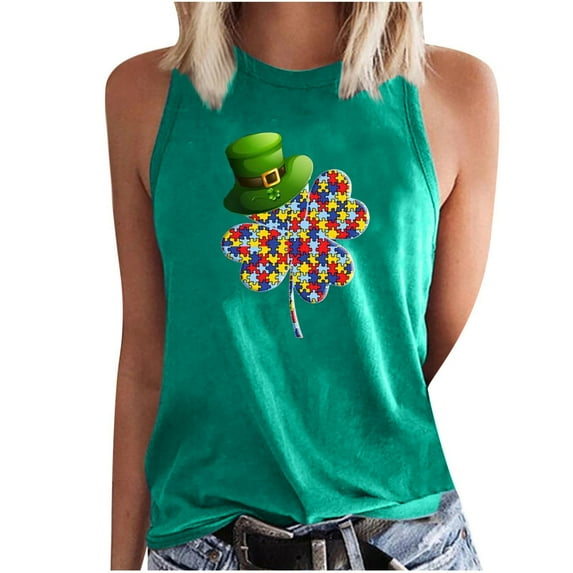 Honeeladyy Sales Sleeveless Tank Tops for Women St. Patrick's Day Colorful Puzzle Shamrock Print Tee Holiday Tops Summer Casual Vest Gre