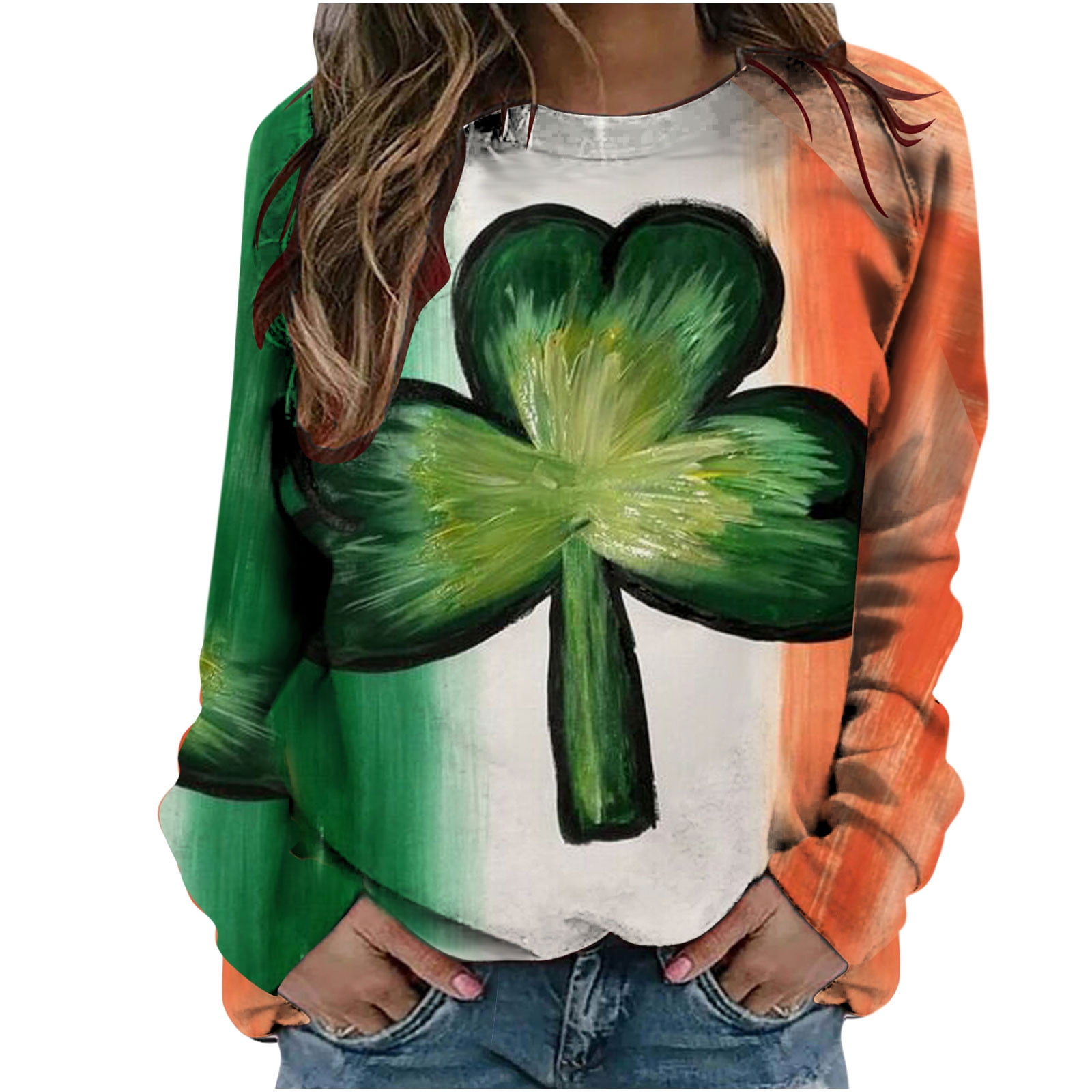 St. Patrick's Day Shirt For Women - Green Shamrock Print Long Sleeve Tee