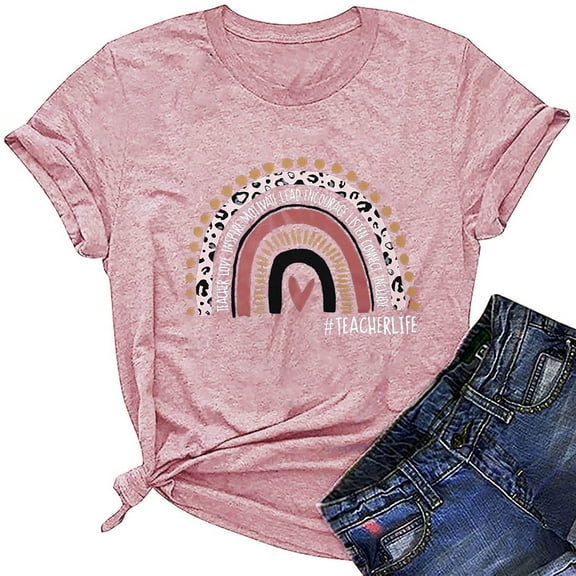 Honeeladyy Sales Teacher Shirts for Womens Rainbow Graphic Tee Funny Strong Letter Inspirational T Shirt Tops Love Heart Short Sleeve