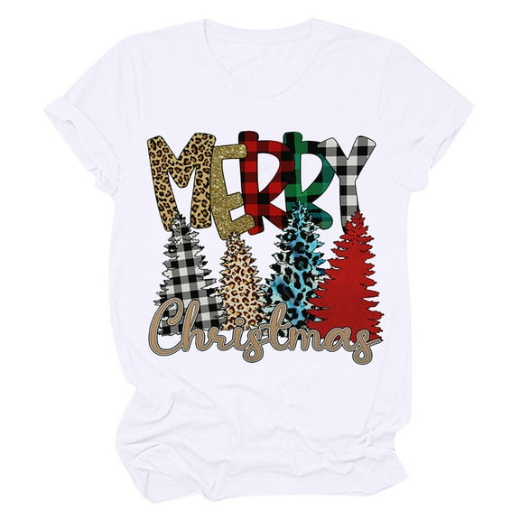 Honeeladyy Sales Women Merry Christmas Tree Letter Pattern Cute T-Shirt Leopard Plaid Tree Shirt Casual Graphic Print Funny Crewneck Tees Tops White