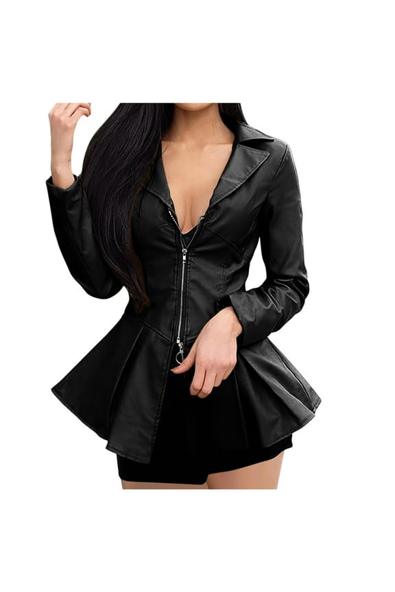Sales Women PU Leather Mini Teddy Jacket Motorcycle Bike Coat V Neck Zipper Tops High Waist Ruffle Hem Club Outerwear