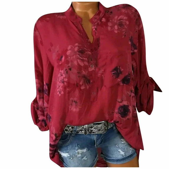Honeeladyy Sales Women Summer Floral Print Shirt Button Down V Neck Short Sleeve Mini Collar Blouse Loose Flowy Tunic Top with Pocket