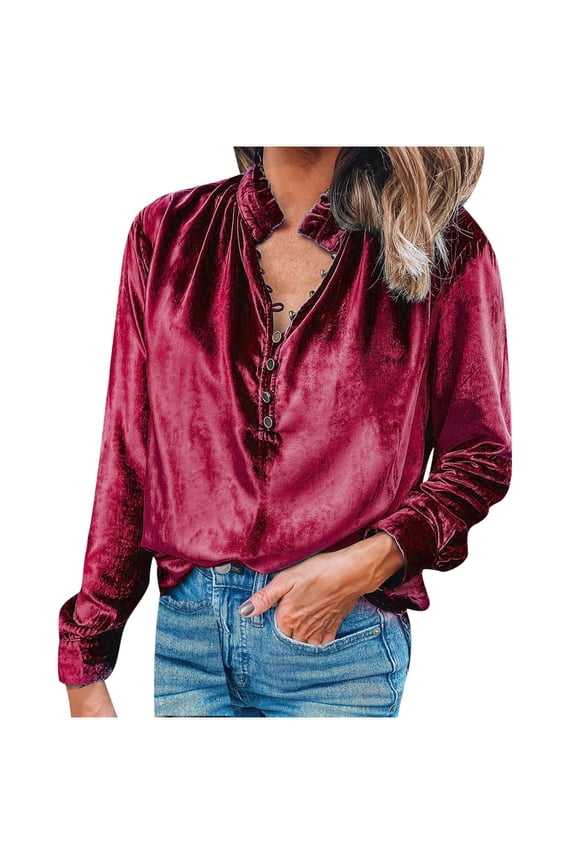 Sales Women Velvet Solid Color Ruffle High Neck Shirts Top Lapel Collar Button Up Long Sleeve Loose Blouse Buckle Cuff Pullover