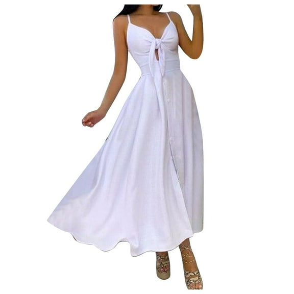 Honeeladyy Sales Women's Beach Dress Spaghetti Strap Maxi Dresses Tie Front Split V-Neck Hollow Dress Summer Seaside Vacation Swing Dresses White