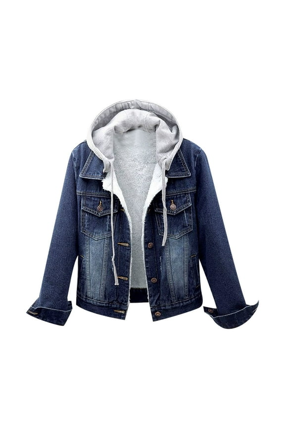 Sales Women's Casual Detachable Hoodie Denim Jacket Winter Thicken Sherpa Lined Button Up Coat Outerwear with Pockets