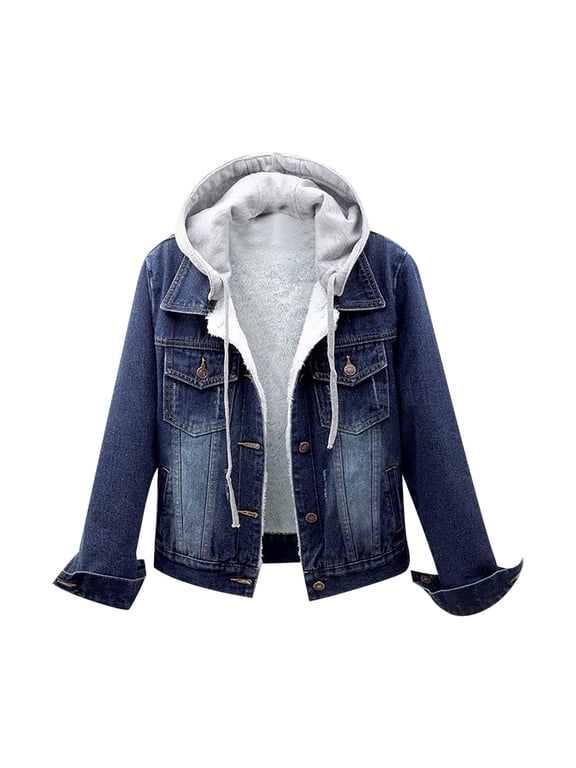 Sales Women's Casual Detachable Hoodie Denim Jacket Winter Thicken Sherpa Lined Button Up Coat Outerwear with Pockets