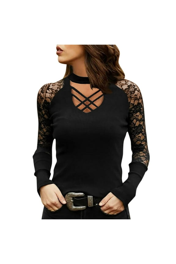 Sales Women's Choker Criss Cross Neck Lace Shirts Keyhole Hollow-out Solid Color Long Sleeve Tee Shirt Stitching Tops Blouse
