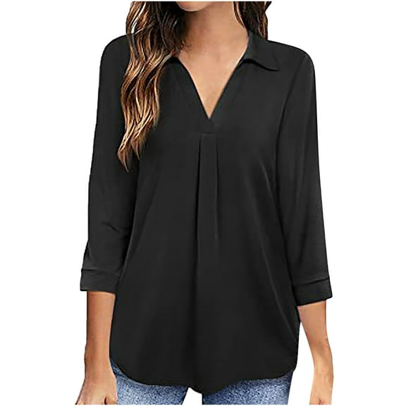 Honeeladyy Sales Women's Collared 3/4 Sleeve Blouse Summer V Neck Shirts Casual Workwear Business Loose T-shirts Comfy Solid Color Tops Black