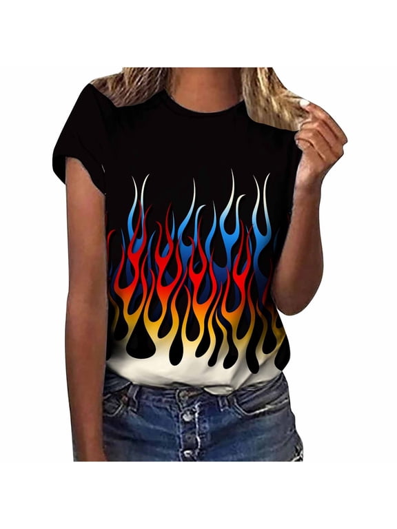 Sales Women's Novelty Graphic Tees Flame Fire Print Pattern Tops Summer Casual Short Sleeve T-Shirt Loose Fit Basic Shirts D Red