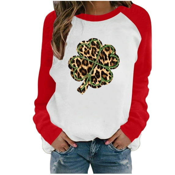Honeeladyy Clearance under 10$ Happy Holiday Shirt for Women Leopard Shamrock Printing Tops St. Patrick's Day Long Sleeve Blouse Casual Comfy Tops Red