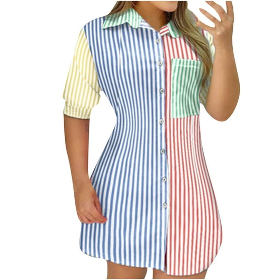 Honeeladyy Sales Womens Color Block Shirts with Pocket Long Sleeve Shirt Dress Casual Button Down Colorful Blouse Casual Mini Dresses