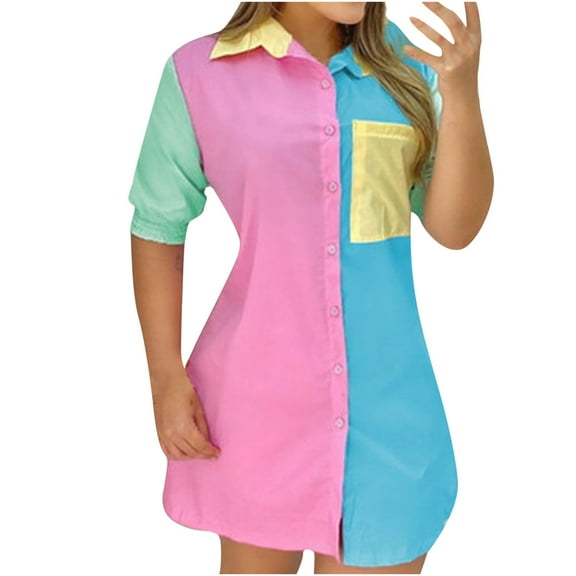 Honeeladyy Sales Womens Color Block Shirts with Pocket Long Sleeve Shirt Dress Casual Button Down Colorful Blouse Casual Mini Dresses
