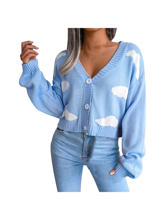 Sales Womens Cute Cloud Sweater Knitted Jumper Crop Tops V Neck Shirts Casual Color Block Cardigan Long Sleeve Blouse