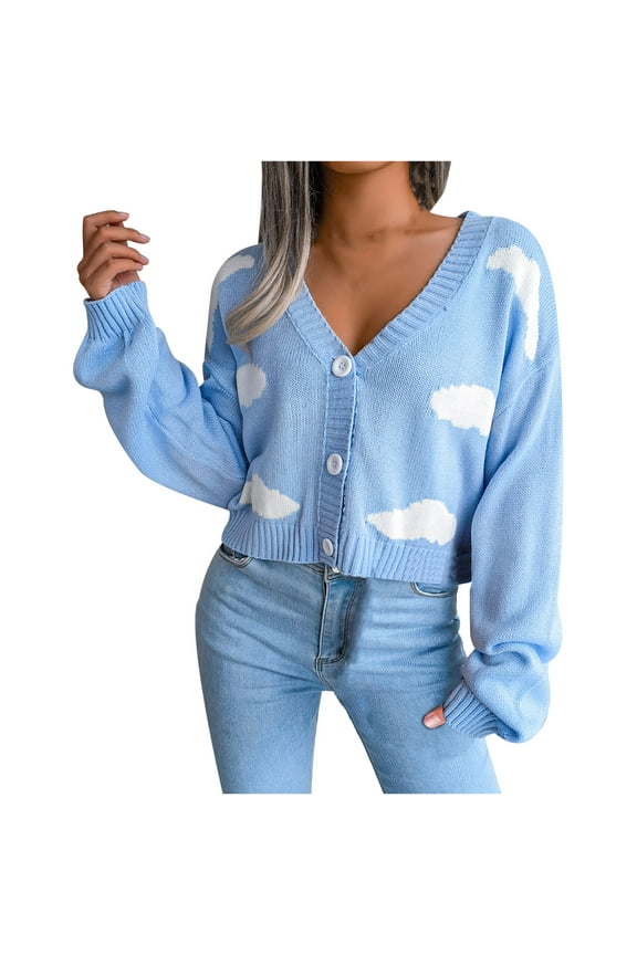 Sales Womens Cute Cloud Sweater Knitted Jumper Crop Tops V Neck Shirts Casual Color Block Cardigan Long Sleeve Blouse