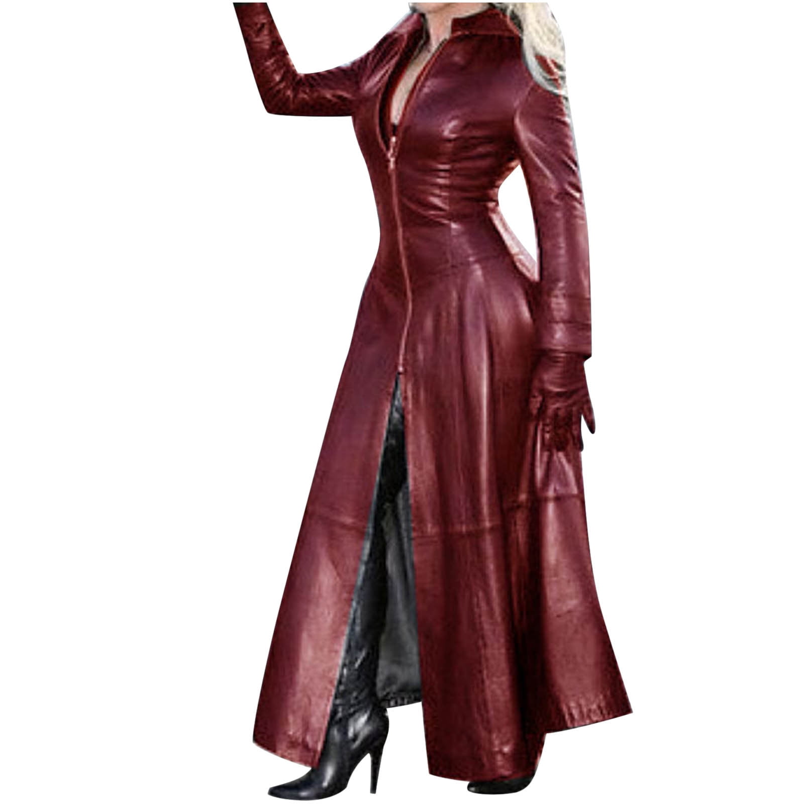 Honeeladyy Sales Womens Leather Windbreaker Dress Faux Leather Jacket Zipper Top Long Dress Coat Split Dress Plus Size Outerwear
