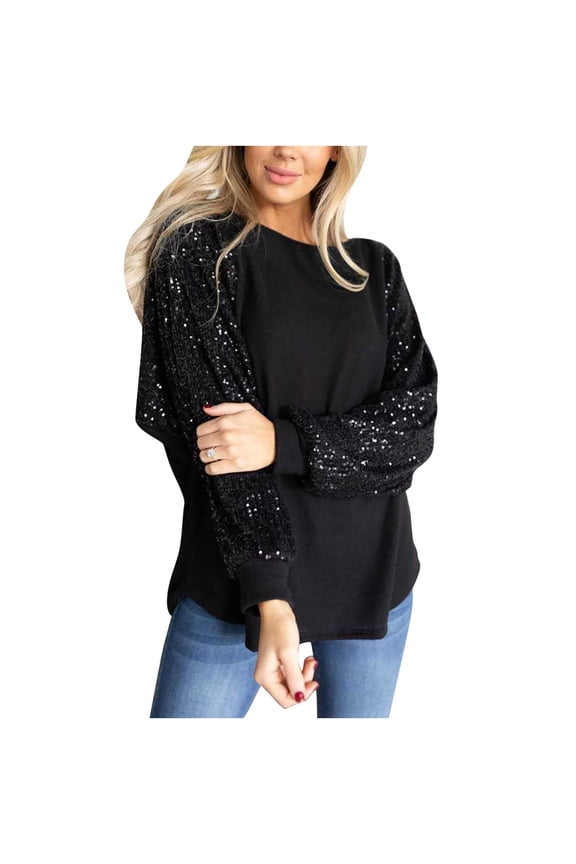 Sales Womens Sequin Patchwork Top Puff Long Sleeve Casual Crewneck Blouses Loose Tunic Shirts Party Sparkle Pullover Tops