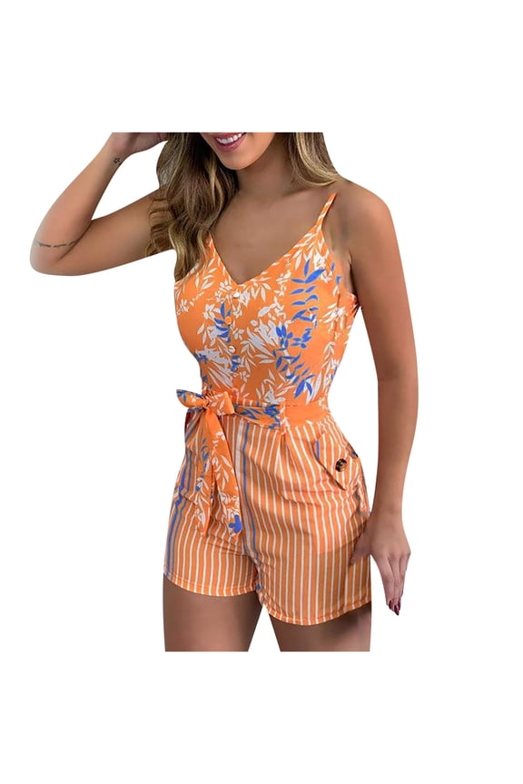Sales Womens Tie Dye Jumpsuit Shorts Summer V Neck Sleeveless Tank Top Boho Floral Jumpsuit Rompers with Belt and Pockets