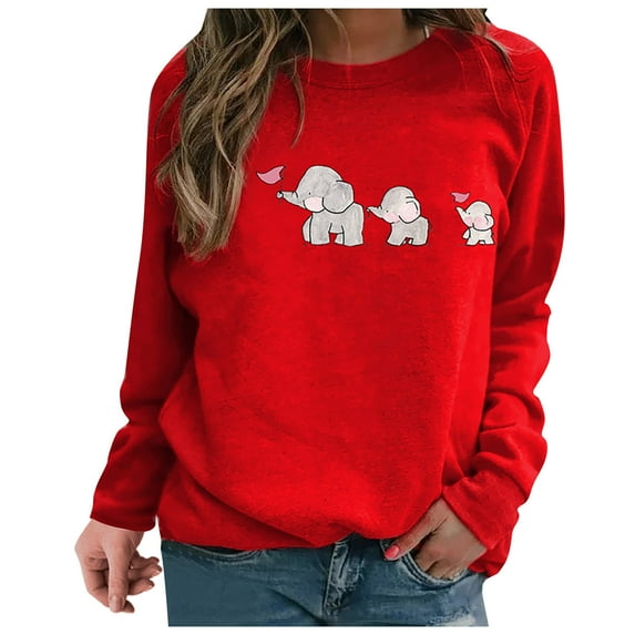 Honeeladyy Sales Womens Tops Cute elephant Printed Tshirts Long Sleeve Pullover Casual Crewneck Sweatshirt Loose Comfy Tops