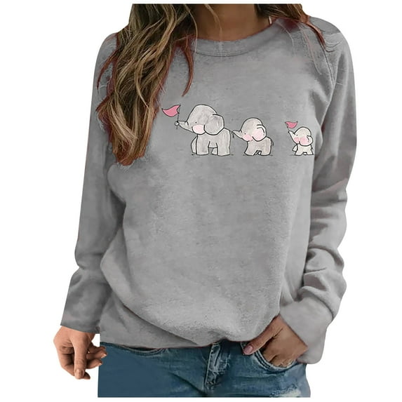 Honeeladyy Sales Womens Tops Cute elephant Printed Tshirts Long Sleeve Pullover Casual Crewneck Sweatshirt Loose Comfy Tops
