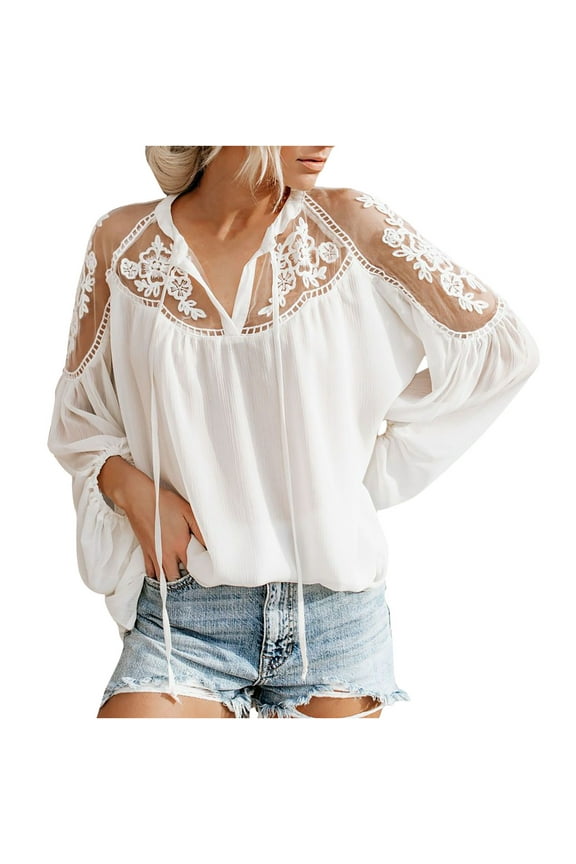 Sales Womens V Neck Shirts Lace Long Sleeve Floral Embroidery Blouse Mesh Sheer See Through Tops Casual Hollow Shirts
