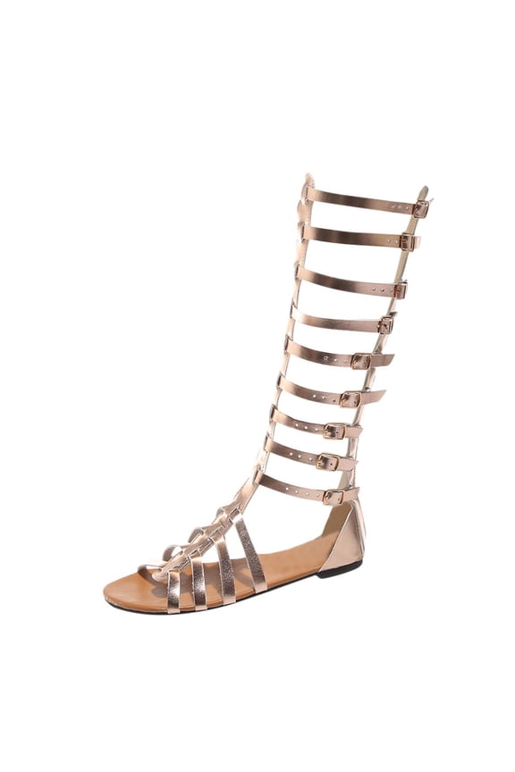 Sandals for Women Casual,Flat Sandals Knee High Boots Retro Sandals Open Toe Lace Up Platform Heels Shoes Christmas Gifts for Mom Gold Size 37