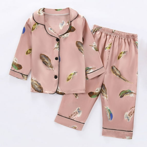 Honeeladyy Satin Pajamas Set for Big Girls, Floral Pattern Printed Button Down Satin Long Sleeve Top and Long Pant Set Sleepwear Loungewear for Mom Boys Kids Gifts (Pink-R,12-24 Months)