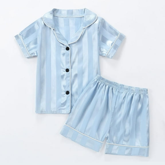 Honeeladyy Satin Pajamas Set Summer Solid Color Stripe Button Down Satin Short Sleeve Lapel Neck Top and Elastic Shorts Set Holiday Loungewear (Blue,2-3 Years)