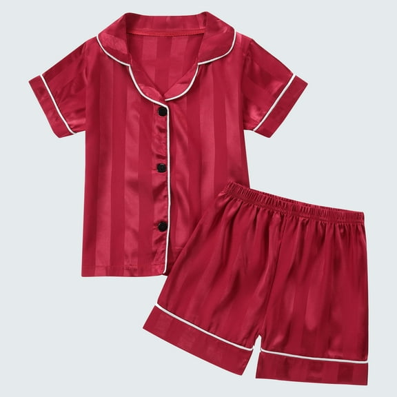 Honeeladyy Satin Pajamas Set Summer Solid Color Stripe Button Down Satin Short Sleeve Lapel Neck Top and Elastic Shorts Set Holiday Loungewear (Red,2-3 Years)