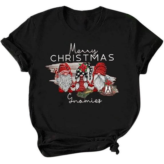 Honeeladyy Savings Christmas T Shirt Womens Merry Christmas Letter Cute Novetly Funny Printed Short Sleeve Tops Holiday Family Cmofy Shirt Black