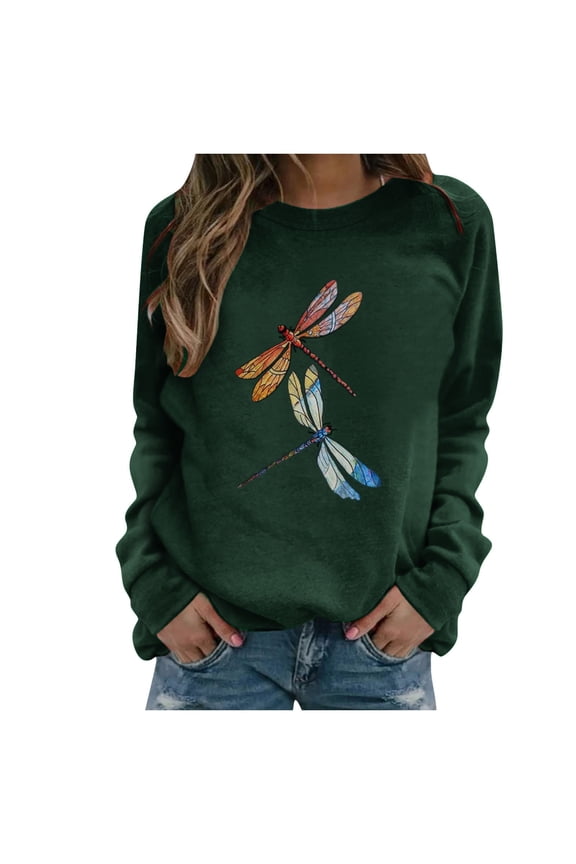 Savings Graphic Tees for Women Long Sleeve Funny Two Dragonfly Print Fall Cute Casual Pullover T Shirt Tops for Teen Girls Green