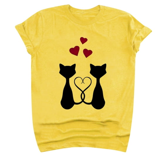 Honeeladyy Savings Happy Valentine's Day Shirts for Women Romantic Black Cat Couple Heart Shape Tail Print Pullover Fashion Crewneck Tops