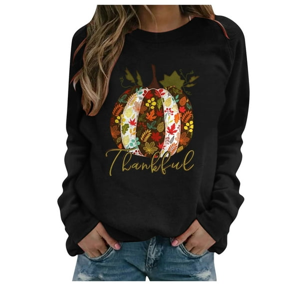 Honeeladyy Savings Thankful Pumpkin Leaves Novelty Graphic Long Sleeve Shirts Women Crew Neck Pullover Sweatshirt Casual Loose Fitting Tunic Top