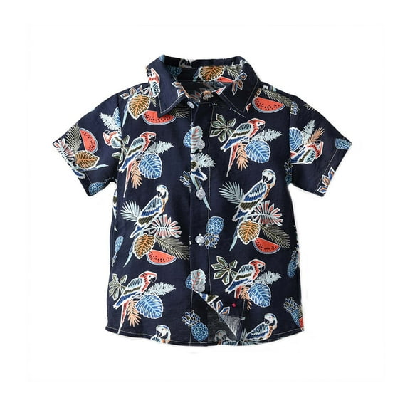 Honeeladyy School Uniform for Boys Hawaiian Shirt Short Sleeve Button Down Shirt Summer Beach Shirts for Kids Outwear(Navy,6-7Years)