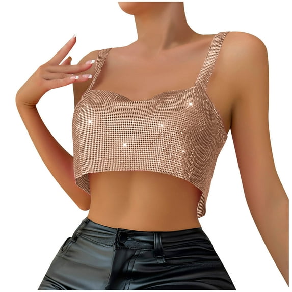 Honeeladyy Sequin Crop Tank Tops for Women Sparkly Sleeveless Backless Crop Top Rhinestones Tank Top for Party Clubwear
