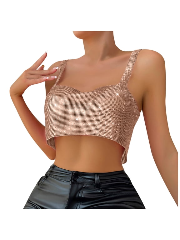 Sequin Crop Tank Tops for Women Sparkly Sleeveless Backless Crop Top Rhinestones Tank Top for Party Clubwear