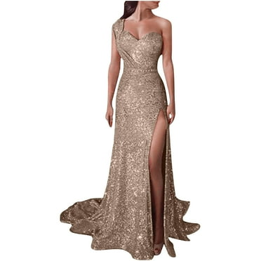 Honeeladyy Sequin Prom Dress with Slit Womens V-Neck One-Shoulder Formal Evening Dress