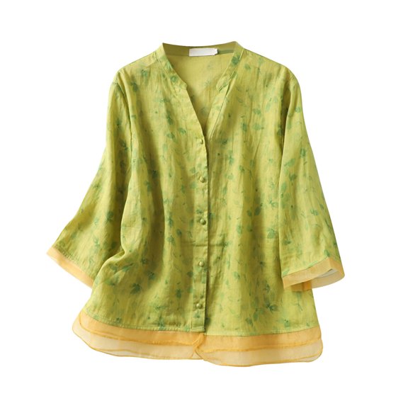Honeeladyy Shirts for Teens Girls ,Ladies Fashion Color Flower Print Long Sleeve Cotton Linen Casual Loose Shirt C-Green-XL