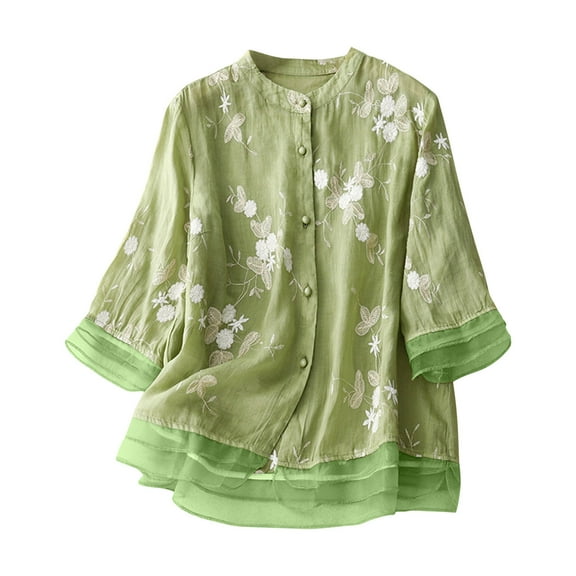 Honeeladyy Shirts for Women ,Ladies Fashion Color Embroidery Half Sleeve Cotton Linen Casual Loose Shirt M-Green-L