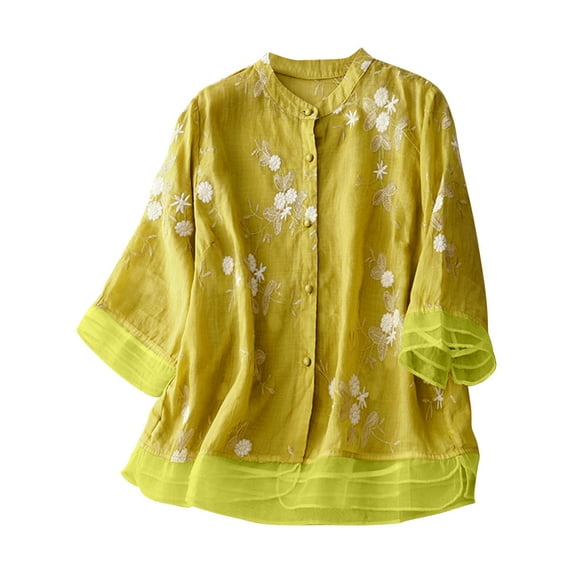 Honeeladyy Shirts for Women Trendy ,Ladies Fashion Color Embroidery Half Sleeve Cotton Linen Casual Loose Shirt M-Yellow-XL