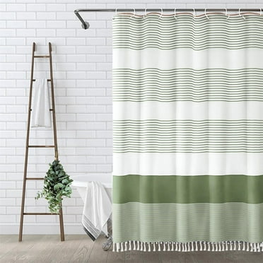 Honeeladyy Shower Curtain, Waterproof Washable Cloth Green Shower Curtain with Tassel, Fabric Rustic Block Color Striped Shower Curtain, Farmhouse Bathroom Shower Curtain, 72×72.04inch
