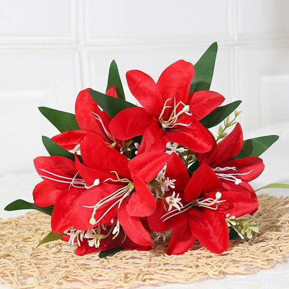 Honeeladyy Simulation Lilies Silk Flower Bouquet for Decoration, Outdoor Wedding Bouquets, Lifelike Faux Flowers for Home, Garden, Party, and Event Decor, 13.78in (Red)