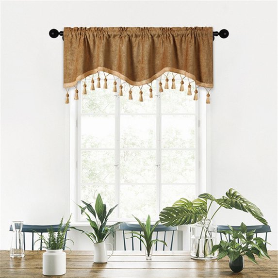 Honeeladyy Soft Tassles Valance Curtains, Solid Color Elegant Valances for Kitchen Bedroom Living Room, 1 Piece Coffee Rod Pocket Short Window Valance, 59.06x15.75 in