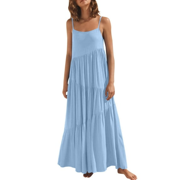 Honeeladyy Spaghetti Strap Maxi Dress for Women Summer Boho Solid Color Loose Vacation Beach Sundress Light Blue XL