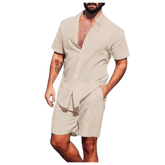 Honeeladyy Sport Set for Mens Two Piece Suit Solid Short Sleeve Fit Tee Shirts Short Sweatpants Set #He-Khaki-M