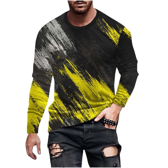 Honeeladyy Spring Long Sleeve Top Bottom Color Matching Round Neck Plaid T Shirt Mens T Shirt Tall #Xg-Yellow-XXXL