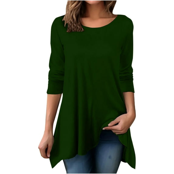Honeeladyy Spring Solid Color Long Sleeve Shirts for Women,Solid Color Round Neck Pullover Irregular Hem Loose Tunic Tops for Work Vacation Gift Army Green XL