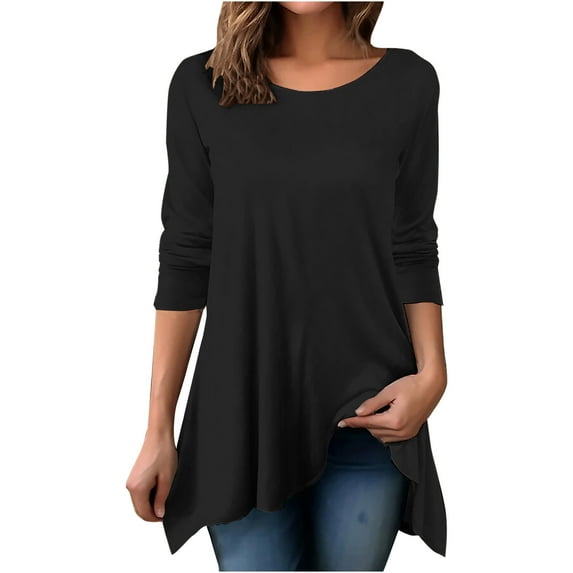 Honeeladyy Spring Solid Color Long Sleeve Shirts for Women,Solid Color Round Neck Pullover Irregular Hem Loose Tunic Tops for Work Vacation Gift Black L