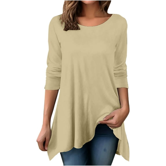 Honeeladyy Spring Solid Color Long Sleeve Shirts for Women,Solid Color Round Neck Pullover Irregular Hem Loose Tunic Tops for Work Vacation Gift Khaki S