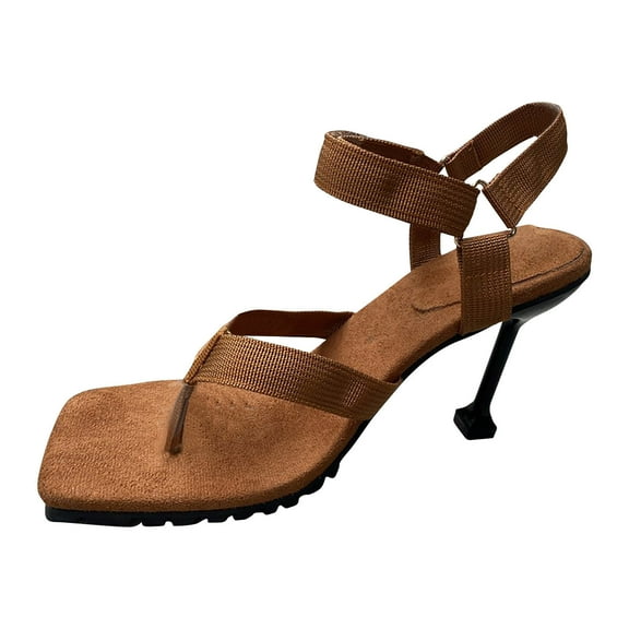 Honeeladyy Square Toe Stilettos Sandals for Women Summer Thong Straps Thin Heel High Heels Ankle Strap Sandals Comfortable Breathable Outdoor Shoes for Wedding Vacation Travel Brown Size 41