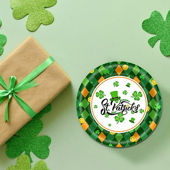 Honeeladyy St Patrick's Day Party Supplies Plates Napkins Green Irish Shamrock Paper Tableware Set St Patrick's Disposable Dinnerware Cups Forks Knives Spoons for 24 Guests